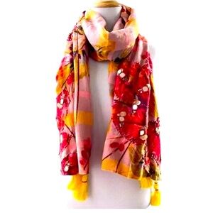 Anthropologie Sunshine Plaid Multicolor Floral Boho Embellish Tasseled Scarf 🧣